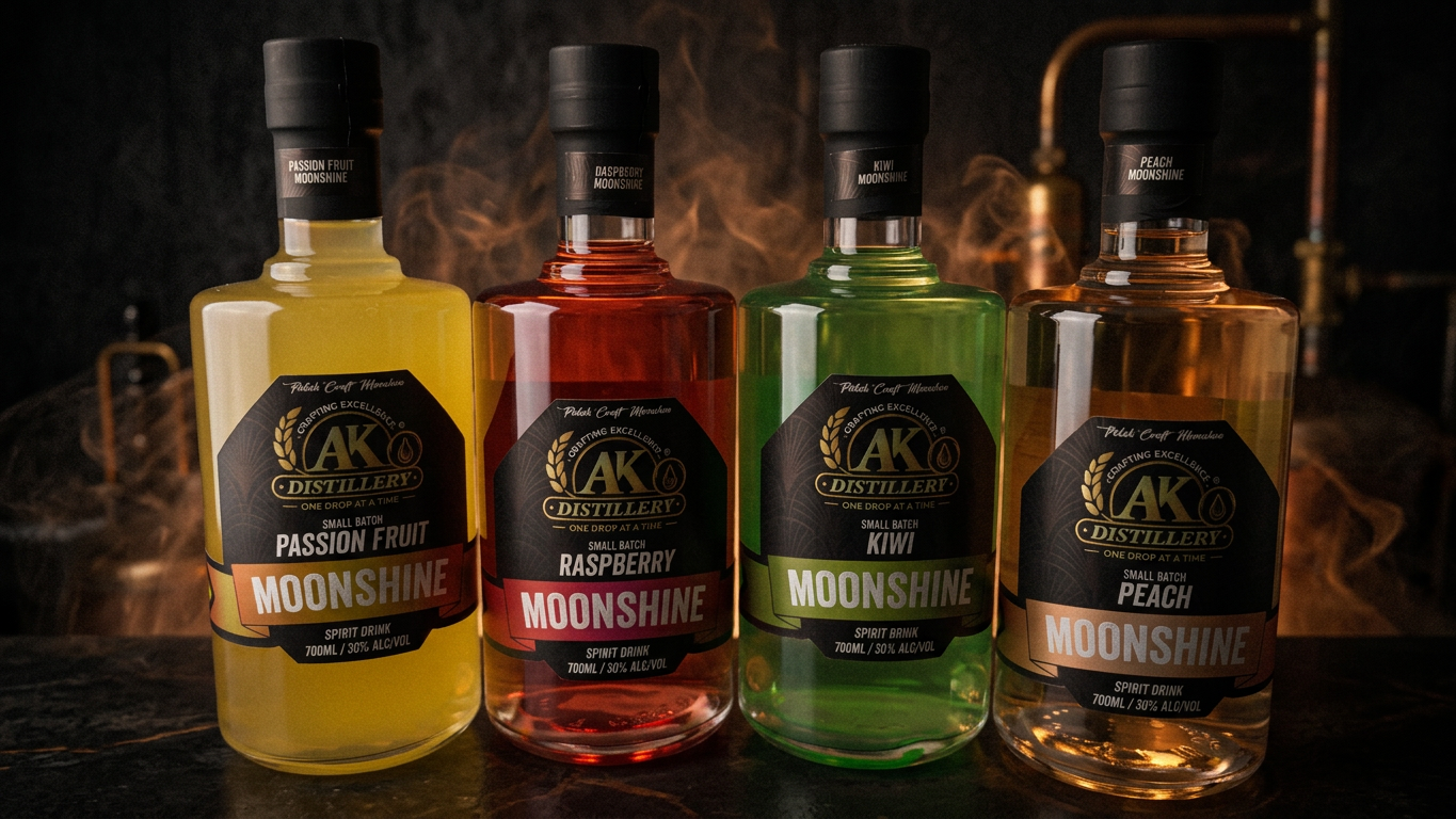 AK Distillery flavoured moonshine: Passion Fruit, Raspberry, Kiwi and Peach, 30% ABV