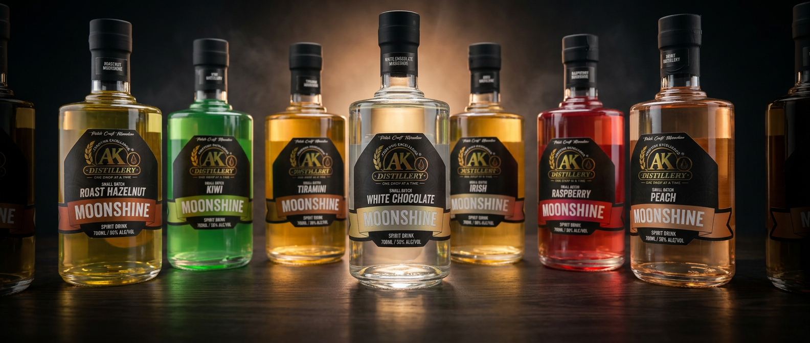 The AK Distillery flavoured moonshine range photographed together